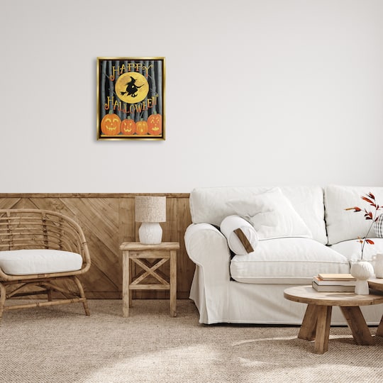 Stupell Industries Happy Halloween Forest Witch Framed Floater Canvas Wall Art
